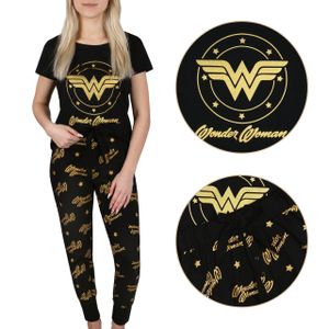 Wonder Woman Schwarzer Damenpyjama mit kurzen Ärmeln, Baumwolle, Golddruck S