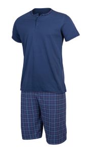 Schlafanzug Herren Kurz Pyjama Baumwolle Set Shorts T-Shirt (Dunkelblau kariert, M)