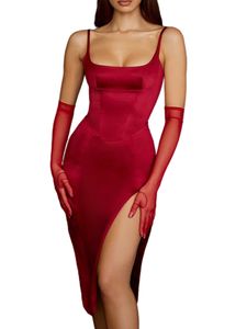 Damen y Satin Kleid High Split ärmellose rückenfreie einfarbige mittellange Wrap Hüfte Strapsrock,Farbe: rot,Größe:L
