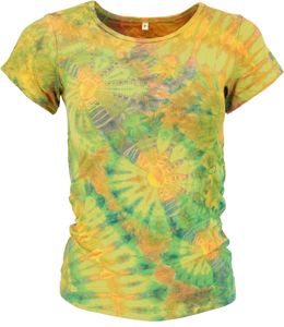 Batik Hippie T-Shirt, Unikat Boho Batikshirt - Lemon/mango, Damen, Grün, Viskose,Elastan, Tops & T-Shirts