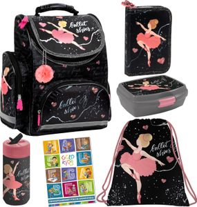 Schulranzen Set 6er Ranzen Tornister Federmappe Turnbeutel Turnsack Brotdose Trinkflasche Aufgabenheft für die Grundschule Ballerina Tänzerin Motiv