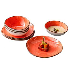 Kadum Potosi Papaya 8-tlg. Tellerset | Kuchenteller Saladbowl Schale Teller Rot-Orange Geschirrset