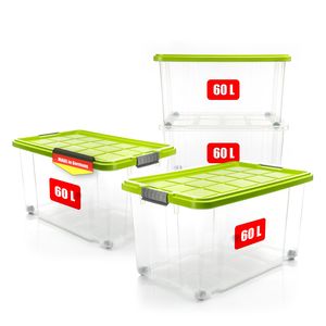 4x 60 L Aufbewahrungsbox mit Deckel groß rollbar limegrün - stabile & robuste Box