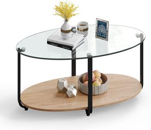 COSTWAY 2-úrovňový konferenčný stolík, sklenený stolík s kovovým rámom, oválny stolík do obývačky, 95 x 50 x 44 cm, moderný