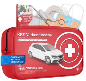 autogadget® Auto Verbandskasten - Neue Norm 2024 - zertifiziert DIN 13164 - STVO & 2x Maske Erste Hilfe KFZ Verbandstasche Kit First Aid