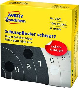 AVERY Zweckform 3522 Naklejki strzeleckie 1,000 sztuk (Ø19mm, cel, sport strzelecki, klub strzelecki, cel strzelecki, okrągłe naklejki, trwałe, znakowanie punktowe, w dozowniku) czarny