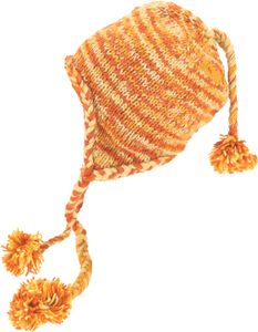 Wollmütze mit Ohrenklappen, Norwegermütze, Batik Wintermütze, Bommelmütze - Orange/batik, Uni, Wolle, Mützen