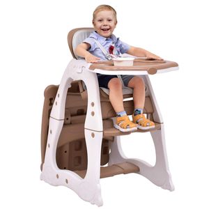 Detská stolička COSTWAY 3 v 1, vysoká stolička a detská stolička a sedadlo s 3-pozičnou nastaviteľnou táckou na jedlo, 3-pozičným nastaviteľným operadlom a 5-bodovými bezpečnostnými pásmi (hnedá)