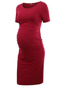 Damen Umstandskleider Mutterschaft Kleid Schwangerschaft Rundhals Sommer Midikleider Rot,Größe L