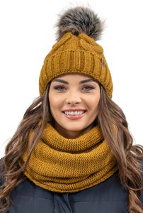 Vivisence damen bommelmütze und schal set warm kopfbedeckung und halsbedeckung an winter und herbst warm dick, wintermütze mit bommel, winterset für frauen, hergestellt in der eu, dunkelgelb, einheits