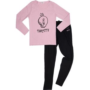Looney Tunes Schlafanzug für Damen - Tweety Pyjama Set Langarm Frauen Oberteil mit Hose Rosa/Schwarz, Größe:XL