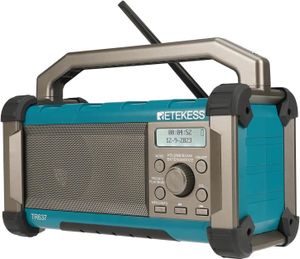 Retekess TR637 rádio na stavenisko s Bluetooth, FM AM s 5000 mAh výkonnou batériou, odolné voči prachu a vode IP54 s USB nabíjačkou Držadlo na prenášanie