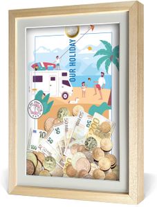 aFFa frames My Piggy Bank Spardose, 3D Bilderrahmen zum Befüllen, Geldgeschenke Verpackung für Auto, Haus, Geburtstag, mit Acrylglasfront, aus Holz, 32x42x2,5cm, Hellbraun, Rahmen Feiertag Muster