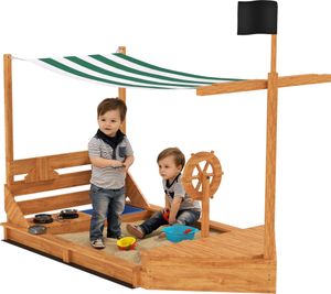 Outsunny Sandkasten Sandkiste groß mit Abdeckung im Schiff Design Matschekiste aus Holz Segelschiff Spielhaus mit Küchenspielset Aufbewahrung für Kinder 3-7 Jahre Orange 180 x 103 x 144,5 cm
