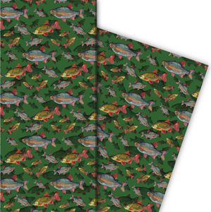 Edles Geschenkpapier mit Fischen unter Wasser auf grün - G7545, 32 x 48cm