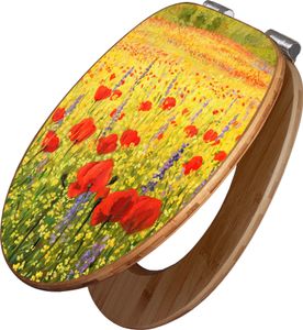banjado Design WC Sitz Bambus Absenkautomatik -Feld Mit Mohnblumen - Toilettendeckel mit Absenkautomatik Holz/hochwertiger Bambus Klodeckel/WC-Sitz für alle gängigen Toiletten [TDB2 12286]