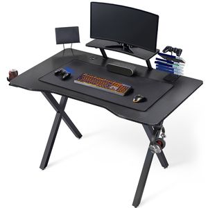 Yaheetech Computertisch Schreibtisch Ergonomischer PC Tisch Gaming Desk mit Kabelmanagementsystem Bechenhalter Kopfhörerhaken und Mausunterlage Schwarz