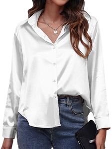 Damen Button Langarm Hemden Elegant Lässige Revers Langarmshirt Office Work Satin Blouse Weiß, XL