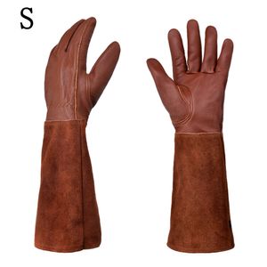 Gartenhandschuhe aus Leder mit Unterarmschutz, stichfeste lange Rosenschneidehandschuhe(braun,S)