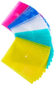 H&S DIN A4 Dokumentenmappe - 30er Set - Transparente Plastik Mappe & Dokumententasche mit Druckknopfverschluss - Mehrfarbige Wiederverwendbare Sammelmappe mit Ettkettenfach