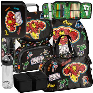 IRON-MAN SCHULRANZEN- 6-teiliges Mega Set - Rucksack, Federmäppchen, Tasche, Trinkflasche, Frühstückstasche, Schulranzen