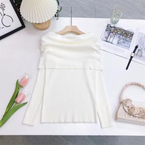 Schulterfreier Vintage-Strickpullover für Damen, One Size, Elfenbein