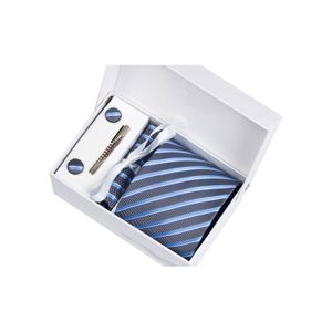 set modro stříbrné proužky - Kravata, kapesníček do saka, manžetové knoflíčky, kravatová spona v dárkovém balení Kravata Daklos