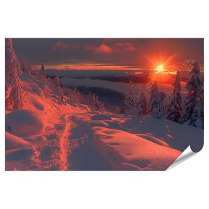 islandburner Premium Poster Die Sonne sinkt, taucht den verschneiten Berg am Horizont in warmes Or