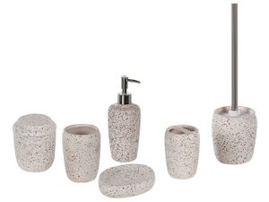 BELIANI Badezimmer Set Weiß Naturstein Dolomit 6-teilig Terrazzo Optik Zahnputzbecher Seifenschale Seifenspender Toilettenbürste Becher Accessoires