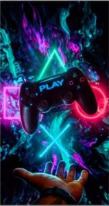 Gaming-Teppich mit lebendigen neon-farbigen Symbolen und schwebendem Controller Größe - 160 x 230 cm