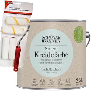 2,5L Schöner Wohnen Naturell Kreidefarbe Bachplätschern, Klares Hellblau + Farbroller-Set 5-teilig