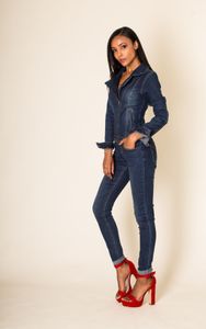 Damen Jeans Anzug Overall Biker Jumpsuit Hosenanzug Einteiler Asymmetrisch, Farben:Dunkelblau, Größe:44