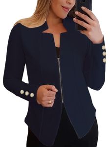 Damen Blazer Langarm Outwear Solide Farbe Casual Zip Up Arbeit Outdoor Mantel Jacken Marineblau,Größe 3XL