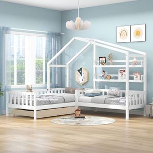 Flieks House Postýlka 90x200cm+70x140cm pro 2 děti, masivní dřevěná postel ve tvaru písmene L se zásuvkami, policemi, ochranou proti vypadnutí a roštovým dnem, bílá