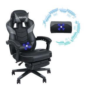 Puluomis Gaming Stuhl mit Massage und Fußstütze 150kg, Bürostuhl Ergonomisch Chefsessel Schreibtischstuhl Racing Stuhl Computerstuhl Schwarz Grau