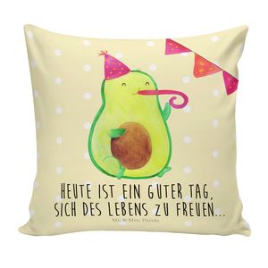 Mr. & Mrs. Panda 40 x 40 Kissen Avocado Party - Gelb Pastell - Geschenk, Happy Birthday, Kissenhülle 40x40, Kopfkissen 40x40, Veggie, Sofakissen, genießen, Vegan, Feier