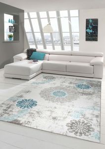 Designer Teppich Moderner Teppich Wollteppich mit Ornamente Wohnzimmerteppich Wollteppich in Türkis Grau Creme Größe - 80 x 300 cm