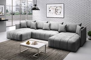 FurMeb24 -ASPEN U 346 x 188 cm, Sofa mit Schlaffunktion und zwei Bettzeugschubladen, Ecksofa mit Kissen, Monolith Stoff, grau, Modernes Möbeldesign