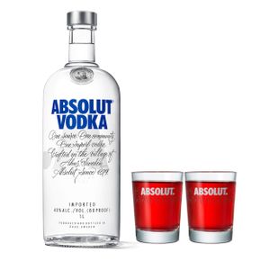 Absolut Vodka Original Set mit 2 Shot Gläsern, Premium Wodka, Schnaps, Spirituose, Alkohol, Flasche, 40 %, 1 L