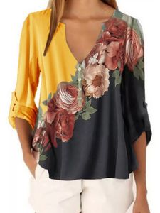 Frauen Blumen Langarm Bluse Damen Übergröße V-Ausschnitt Tunika T-Shirt Chiffon Tops,Farbe:Gelb,Größe:5XL