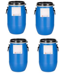 kanister-vertrieb® 4 Stück 30 Liter Deckelfass, Kunststofffass, Futtertonne, Fass, Plastikfass Farbe blau inkl. Etikett (4x30 D)