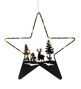 LED Stern Silhouette schwarz mit Weihnachts Motiv - 30 cm - Deko Aufhänger mit 14 LED in warm weiß beleuchtet - Schattenbild Winter Szene Weihnachtsdeko Solhouettenbild