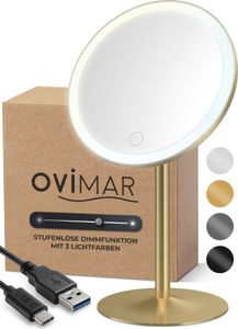 ovimar Kosmetikspiegel Saltum gold | mit Beleuchtung | wiederaufladbar | freistehend | im Badezimmer | 5fach Vergrößerungsspiegel | Schminkspiegel mit Licht | 360 Grad Spiegel