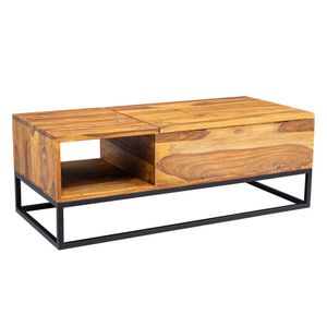 WOHNLING Couchtisch Sheesham Massivholz 110x40x50 cm Sofatisch mit Metallbeinen, Wohnzimmertisch Tischplatte aufklappbar, Holztisch Tisch Industrial Design