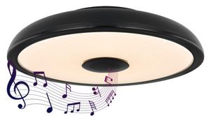 Globo Lighting Deckenleuchte Kunststoff schwarz, Kunststoff opal, dimmbar, mehrere Stufen über Wandschalter, Farbwechsler, Farben fixierbar, RGB Farbwechsler, RGB Farben fixierbar, Bluetooth, Memoryfunktion, Nachtlicht, Fernbedienung, Lautsprecher 3W, Batterie inkludiert 1x AAA, IP44, ø: 280mm, H: 55mm, inkl. LED 18W 230V, 130-1800lm Source, 60-820lm Output, CCT 3000-6500K, inkl. RGB LED 3W 230V, Bunt