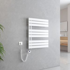 EMKE Handtuchtrockner Elektrisch Asymmetrie Badheizkörper mit Timing Thermostat Handtuchwärmer 762 x 600mm Weiß Handtuchhalter Heizkörper mit 400W Heizstab