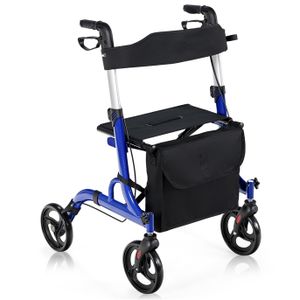 Rollator faltbar Leichtgewicht, bis 150 kg, Gehhilfe 6-Fach höhenverstellbar, Rollstuhl mit Stockhalter & Tasche, Aluminium (Blau)