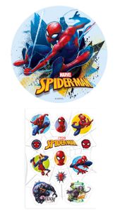 2er Set Spiderman Essbarer Tortenaufleger 16cm + Mini-Törtchenaufleger, Tortendeko Kindergeburtstag