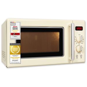 Exquisit Retro-Mikrowelle 700 Watt, 25,5 cm Drehteller, 1000 Watt Grill, 20L, 5 Leistungsstufen, Timer, Auftaufunktion, RMW720-3GDIG creme