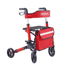 AREBOS Ľahký rolátor, nastaviteľná výška v 6 smeroch, pohodlné sedadlo, držiak na palicu, odnímateľná nákupná taška, skladací, červený